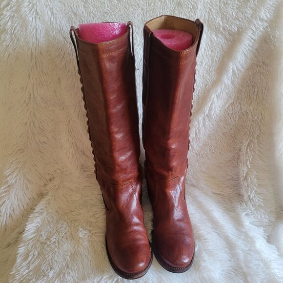 Frye Boots Paige Stud Cognac Leather Riding 7.5B 76121 Tall Pull-on Women - Picture 5 of 12